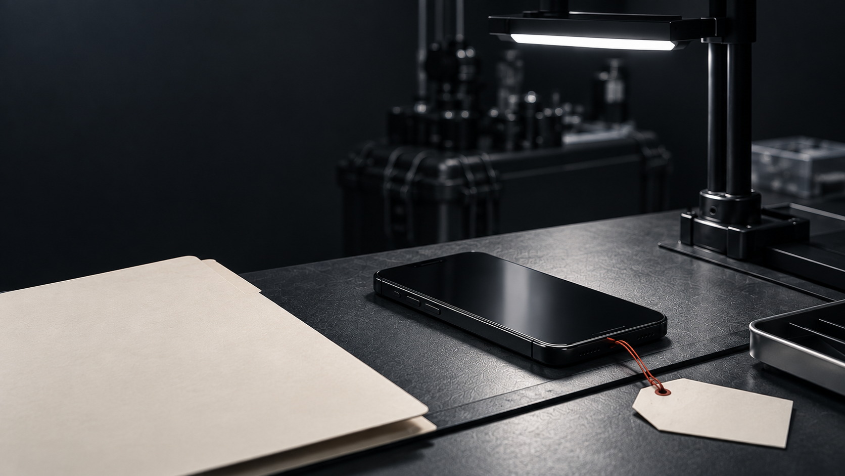 A phone on a controlled forensic examination bench